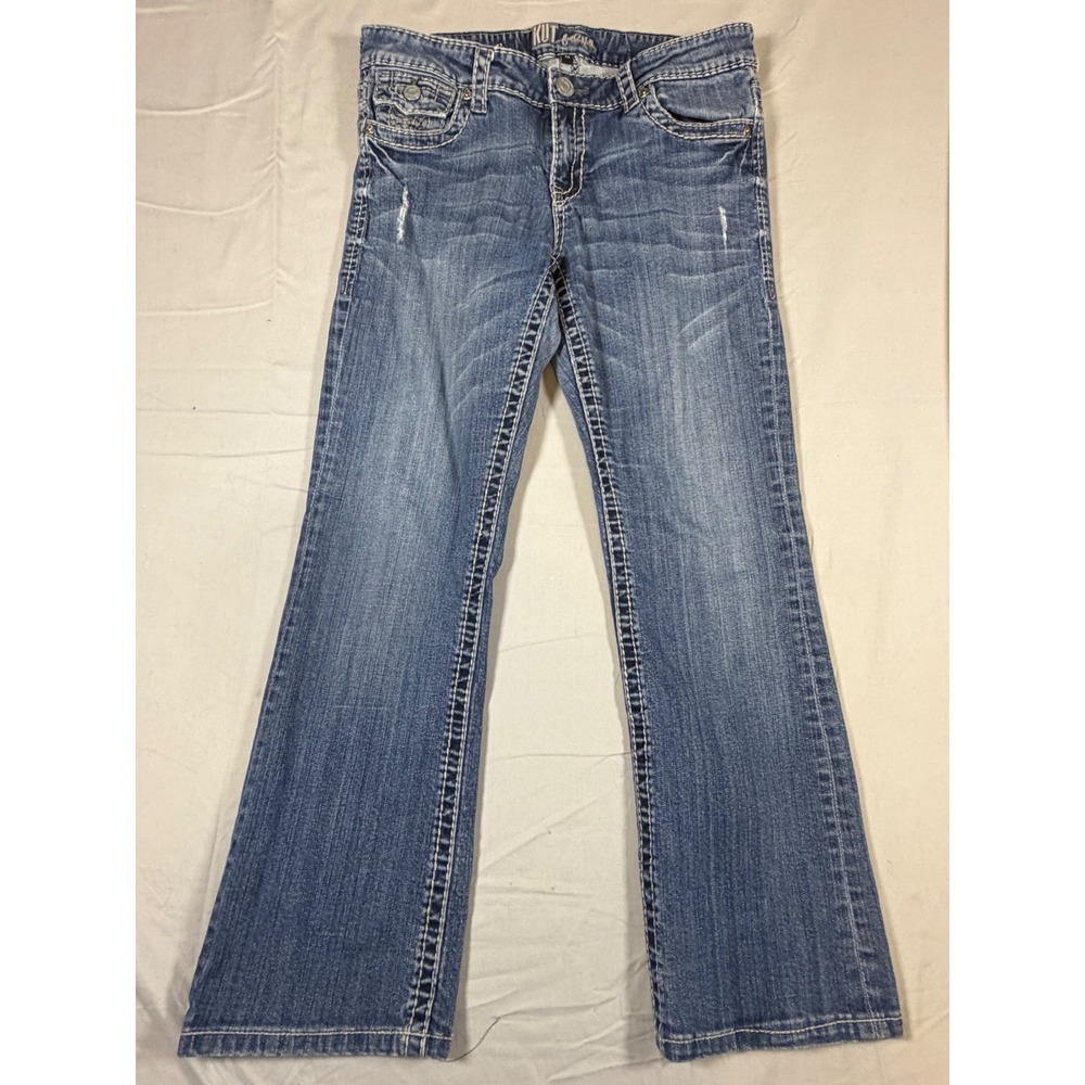 KUT from the Kloth So Line Bootcut Jeans Blue Thick Stitch Flap Pocket Size 12